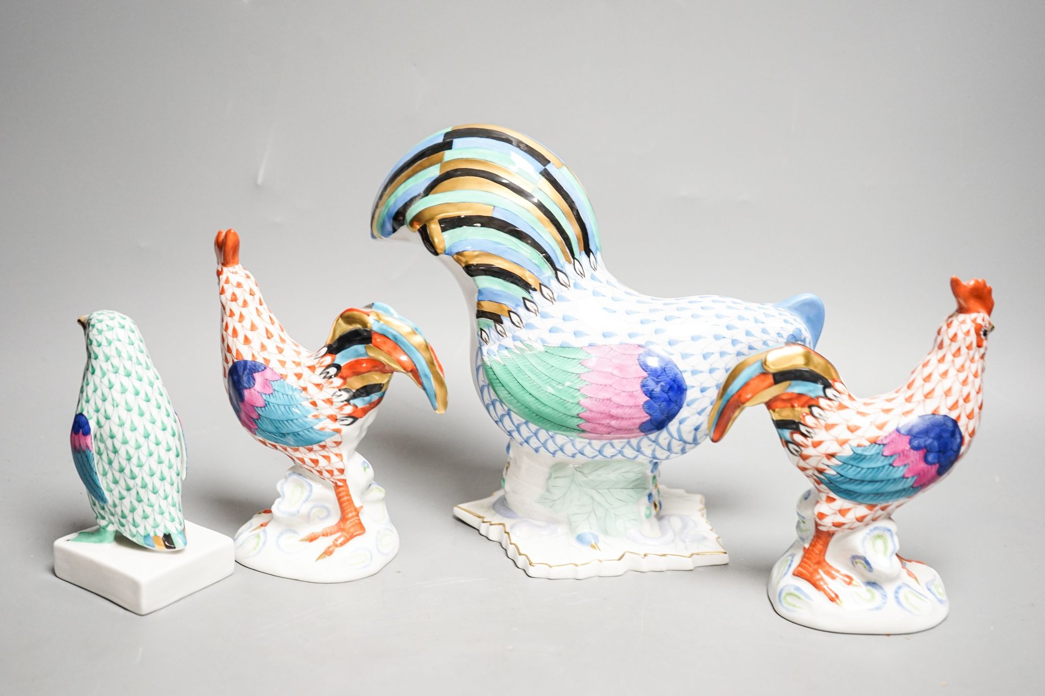 Three Herend Figures of cockerels and a penguin 18cm